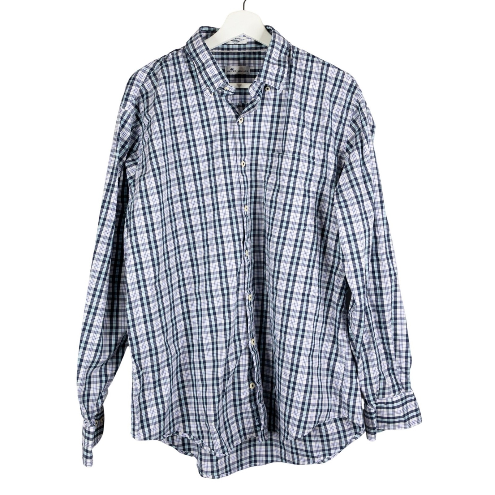 Peter Millar Button Down Mens Xl Blue Plaid Excellent Stretch Mf18w28nbl